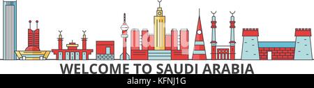 Saudi Arabia outline skyline, arab flat thin line icons, landmarks, illustrations. Saudi Arabia cityscape, arab travel city vector banner. Urban silhouette Stock Vector