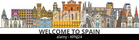 Spain outline skyline, spanish flat thin line icons, landmarks, illustrations. Spain cityscape, spanish travel city vector banner. Urban silhouette Stock Vector