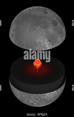 Moon, internal structure is a realistic reconstruction in rendering 3D for illustration, it is based on the modern hypotheses of planetologists Stock Photo