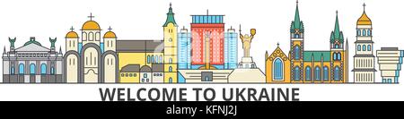 Ukraine outline skyline, ukranian flat thin line icons, landmarks, illustrations. Ukraine cityscape, ukranian travel city vector banner. Urban silhouette Stock Vector