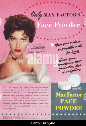 1955 British advertisement for Max Factor face powder, featuring actress Ava Gardner. Stock Photo