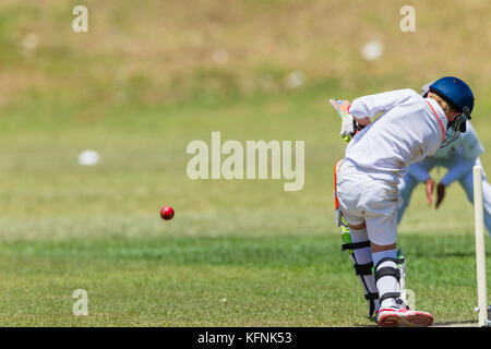 Cricket game juniors players Fielder Batsman unidentified action abstract. Stock Photo