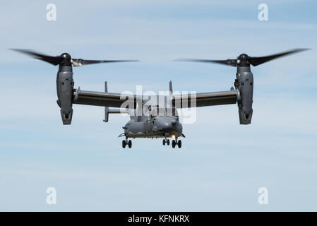 A Bell Boeing V-22 Osprey of the United States Air Force is ready to land at the RAF Fairford airbase. Stock Photo