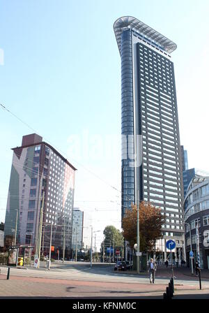 Het Strijkijzer (The Flatiron), a residential and office skyscraper in The Hague, Netherlands,  132 metres tall with 42 floors. Stock Photo