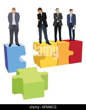 Businesspeople are standing on jigsaw puzzle shown as a damaged organizational structure of the company. Stock Vector