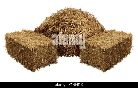 Piles of hay isolated on a white background as an agriculture farm and farming symbol of harvest time with dried grass straw as a mountain. Stock Photo