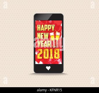 Happy new year 2018 with glasses phone greeting card Stock Vector