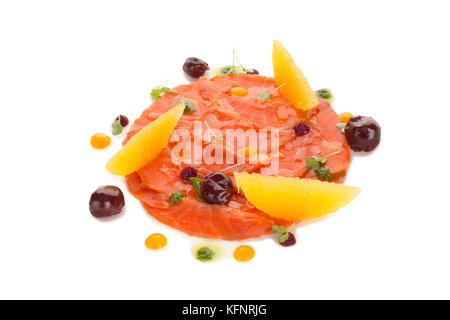 Molecular modern cuisine red fish in dish garnish Stock Photo