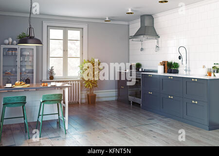 modern kitchen interior. Scandinavian style design. 3d rendering concept Stock Photo