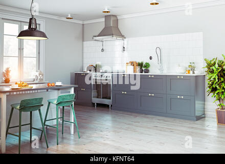 Modern kitchen interior. Scandinavian style design. 3d rendering concept Stock Photo