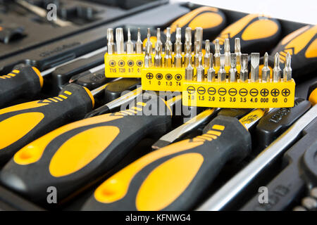 Set of screwdrivers in a box with rubber black and yellow handles. Bits. Stock Photo