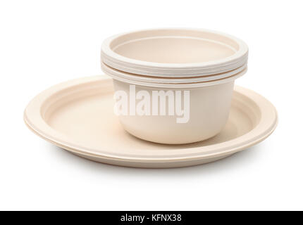 Set of biodegradable plastic dishware isolated on white Stock Photo