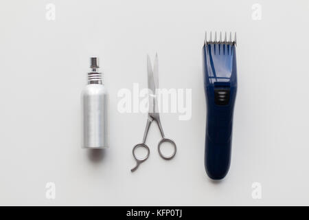 styling hair spray, trimmer and scissors Stock Photo