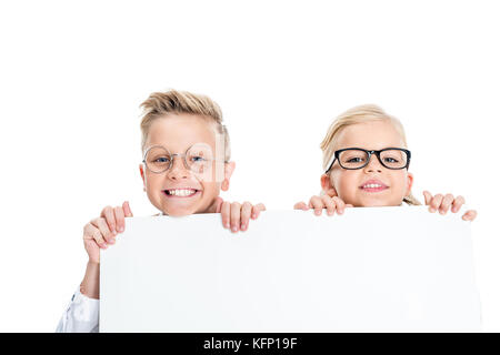 kids holding blank banner Stock Photo