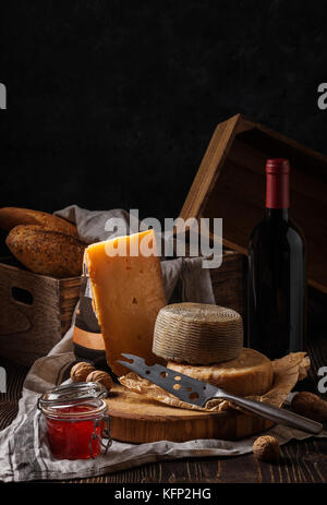 Composition with cheese, bread and wine Stock Photo