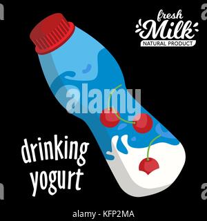 Vector bottle of yogurt. Milk plastic bottle on black background Stock Vector
