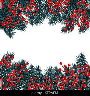 New Year Christmas. A blue branch was eaten at the top and bottom with red berries on a white background. Isolated Illustration Stock Vector