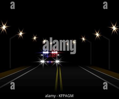 Abstract light effects. Police car at night with lights in front. Road, highway, lampposts. illustration Stock Vector