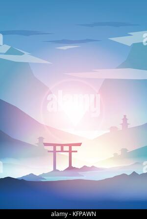 Japanese Landscape Background with Mountains and Arch Sunset with Fog  - Vector Illustration Stock Vector