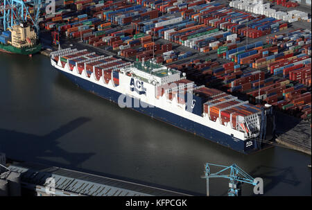 aerial view of Atlantic Sail at Seaforth Docks, a container terminal, on the River Mersey, UK Stock Photo