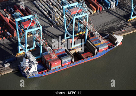 aerial view of Encounter at Seaforth Docks, a container terminal, on the River Mersey, UK Stock Photo