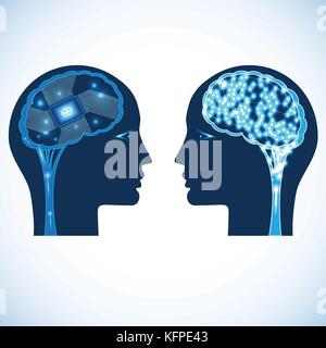 Chip and shone brain in heads of people, concept for communications, thinking of people, information interchange. Stock Vector