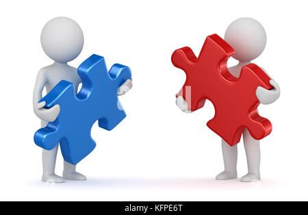 Two man holding red and blue puzzle piece. 3d render and computer generated image. Stock Photo