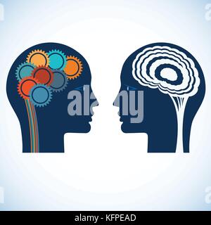 Gear wheels and a brain rational and creative thinking heads of two people. Stock Vector
