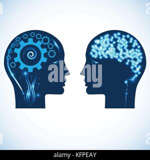 Gear wheels and a shone brain, concept rational and creative thinking heads of two people Stock Vector