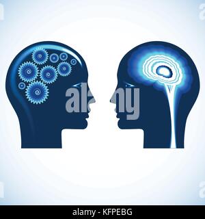 Shone Gear wheels and shone brain, concept rational and creative thinking heads of two people Stock Vector