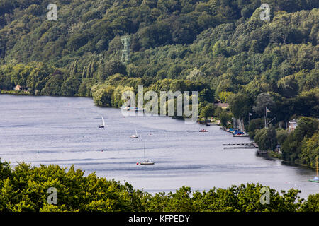 The Baldeneysee in Essen, North Rhine-Westphalia, Germany, view over the Western shore, Heisingen district, winding tower of former colliery Carl Funk Stock Photo