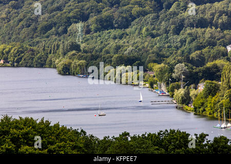 The Baldeneysee in Essen, North Rhine-Westphalia, Germany, view over the Western shore, Heisingen district, winding tower of former colliery Carl Funk Stock Photo