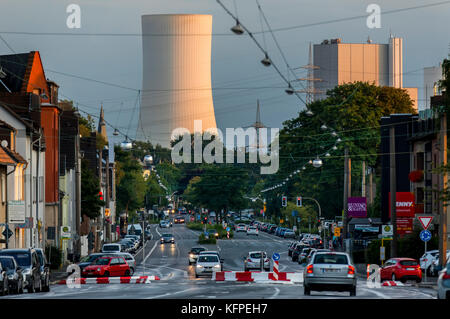 Cooling tower, 130 meters high, of the Herne power plant, STEAG, view along the Westfalenstra§e in Recklinghausen, south, Germany, Stock Photo