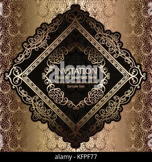 Abstract background with calligraphic luxury gold flourishes and vintage frame, victorian banner,wallpaper ornaments, invitation card, baroque style b Stock Vector