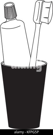 Toothbrush and toothpaste in a glass, black outline on a white ...