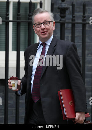 London, UK. 31st Oct, 2017. Michael Gove Secretary of State for Environment, Food and Rural Affairs attends a Cabinet meeting at 10 Downing Street in London Credit: WFPA/Alamy Live News Stock Photo