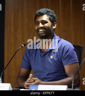 Colombo, Sri Lanka. 31st Oct, 2017. Sri Lanka's Twenty20 captain Thisara Perera addresses a press conference in Colombo on October 31, 2017.  Credit: Lahiru Harshana/Alamy Live News Stock Photo