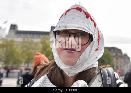 London, UK.  31 October 2017.  Women take part in a 'March of the Mummies', marching from Trafalgar Square to Parliament Square to demand recognition, respect and change for working mothers.  Many wore a topical Halloween 'mummy' costume during the protest.  Credit: Stephen Chung / Alamy Live News Stock Photo