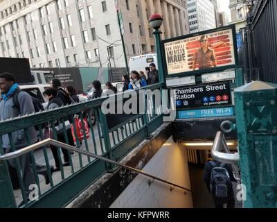 New York City, USA. 31st Oct, 2017. Subway station near World Trade Center and site of terrorist attack in NYC. A driver kills several people in a rental truck in New York City, October 31, 2017. It has been reported suspect was caught alive by police after driving a rental truck on a popular bike path along the Hudson River in the Tribeca neighborhood. Credit: Brigette Supernova/Alamy Live News Stock Photo