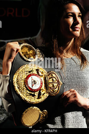 Newly crowned WBA Female World Lightweight Champion Katie Taylor during a homecoming press conference at the Irish Film Institute in Dublin. PRESS ASSOCIATION Photo. Picture date: Tuesday October 31, 2017. Photo credit should read: Brian Lawless/PA Wire Stock Photo