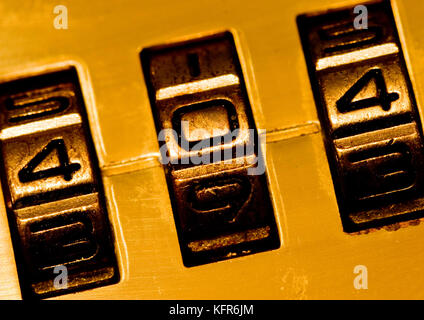 A macro shot of a combination lock of a briefcase showing 404. Could be used for a page not found image. Stock Photo