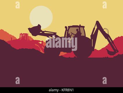 Excavator loader tractor digging ground earth industrial construction site vector background illustration Stock Vector