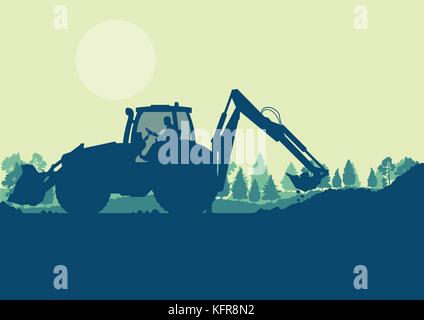 Excavator loader tractor digging ground earth industrial construction site vector background illustration Stock Vector