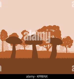 Mushroom forest field landscape vector background with sunset and trees Stock Vector