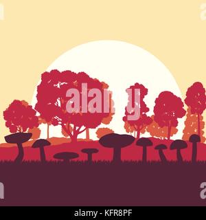 Mushroom forest field landscape vector background with sunset and trees Stock Vector
