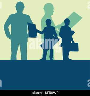 Architect man designer with protective helmet and blueprints in hands vector abstract background Stock Vector