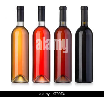 Set of white, rose, and red wine bottles and glas. isolated on white ...