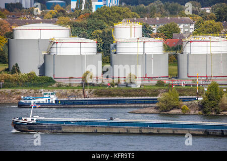 Duisburg harbors, tank farm of Oiltanking Germany GmbH, large tanks for fuels and vegetable oils, on the Rhine, Duisburg, Stock Photo