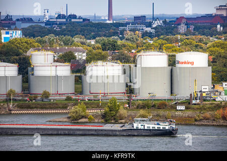 Duisburg harbors, tank farm of Oiltanking Germany GmbH, large tanks for fuels and vegetable oils, on the Rhine, Duisburg, Stock Photo