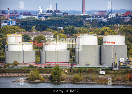 Duisburg harbors, tank farm of Oiltanking Germany GmbH, large tanks for fuels and vegetable oils, on the Rhine, Duisburg, Stock Photo